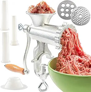 Meat Grinder w Tabletop Clamp & 2 Cutting Disks, Cast Iron Heavy Duty Sausage Maker & Manual Meat Mincer- Homemade Burger Patties, Ground Beef & More, Portable Holiday Cooking, Kitchen Essential Gift