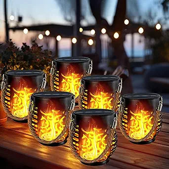 6 Pack Solar Lights Outdoor Waterproof, Solar Lantern with Realistic Flickering Flame, Auto On/Off Solar Powered Garden Light with Hemp Rope Handle for Outside Tree Patio Porch Camp Tabletop Decor