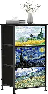 Dresser with 3 Drawers Van Gogh Drawer Dresser for Bedroom Narrow Nightstand Small Dressers & Chests of Drawers for Halfway Entryway Closets Living Room Sturdy Steel Frame Wood Top