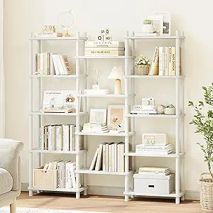 IOTXY Wooden Triple Wide Bookshelf - 5-Tier Large Shelf Bookcase with Solid Beech Frame, Tall Freestanding Open Etagere Display Rack for Home Office, White