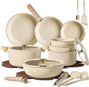 CAROTE 25PCS Ceramic Cookware Set, Pots and Pans set Non Stick, RV Kitchen Cooking Set Removable Handles, Oven Safe, Induction Cookware, Non-toxic Kitchen Cooking Set, PFAS and PFOA Free