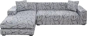 L Shape Sofa Cover Sectional Couch Slipcover 2 Piece Stretchy Elastic 3 Seater Chaise Sofa Furniture Protector Slip Covers with 2pcs Pillowcases for Living Room Pets Kids (Color F)
