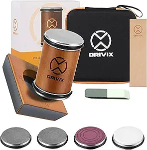 Rolling Knife Sharpener Kit - Magnetic 4-Angle Base, 3.86 Inches Longer Wooden Roller, 4 Grit Discs (1000/400 Diamond & 3000 Maroon / 6000 White Ceramic) and Leather Strop