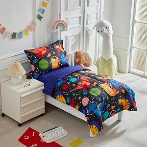 Kids Comforter Sheet Set - Soft and Breathable Bed Set Includes Quilted Comforter, Fitted Sheet, Flat Top Sheet, Pillowcase and Toddler Pillowcase - 4 Pieces Toddler Bedding Set Navy Space Dinosaur