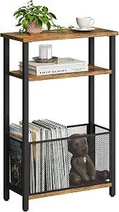 MMEOLUOOK Narrow Side Table with Storage Basket Skinny End Tables for Smalls Spaces 3 Tier Sofa Table Small Nightstand Slim Bedside Table for Living Room Bedroom Rustic Brown MLBZ22RB