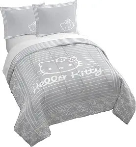 Jay Franco Duvet Cover Set with Sham & Pillowcase Ultra-Soft Linen Feel Bedding for Room Decor, Cover ONLY Comforter NOT Included, Gray - Hello Kitty, 3 Piece Queen