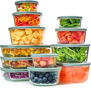 24pc Set Glass Food Storage Containers & Bowls with Airtight Lids - Leakproof BPA-Free Meal Prep Airtight Stackable Lunch Boxes, Kitchen Pantry & Storage Organizers - Microwave Freezer Dishwasher Safe