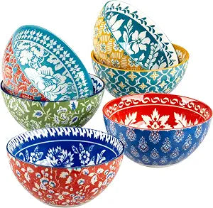 Panache 4.75" All Purpose 13 oz. Porcelain Bowls, Set of 6 Vibrant Mix & Match Global-Inspired Designs Dishwasher & Microwave Safe for Snacks, Sides, Dips, Condiments, and Desserts