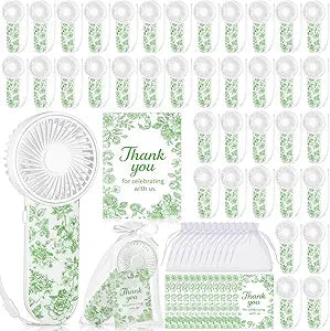 60 Set Portable Wedding Fans Bulk for Guests Mini Handheld Chinoiserie Floral Fan with Lanyard and Thank You Gifts Cards Battery Powered Fans Gift for Wedding Favors, Battery Not Include(Green)