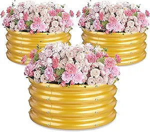 2 x 2 x 1 ft Round Raised Garden Bed, Yellow 3 Pack 0.6 mm Thick Galvanized Steel Planter Box with Double Layer Paint and Safety Edge Trim for Vegetables Flowers Herbs Outdoor Garden
