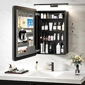 Medicine Cabinet with Mirror, 20x26 Inch Aluminum Bathroom Cabinet with Adjustable Shelves, Built-in Makeup Storage, Recessed or Surface Mount, DTC Soft Close Hinges, Matte Black, Pre
