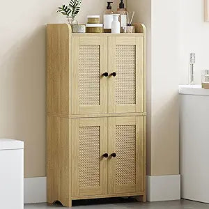 HEXCELEN Small Storage Cabinet, Bathroom Storage Cabinet with 4 Doors, Floor Bathroom Organizer Freestanding for Small Spaces, Living Room, Kitchen, Entryway (Streamlined American, Yellow)