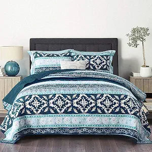 NEWLAKE Cotton Bedspread Quilt Sets-Reversible Patchwork Coverlet Set, Boho Chic Pattern,Twin Size