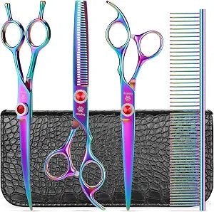 GLADOG 7 Inch Professional Dog Grooming Scissors Kit, 5-in-1 Titanium Coated Pet Grooming Shears Set, Heavy Duty Grooming Scissors for Dogs (Pro Rainbow)