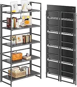 4NM No Assembly 5 Tier Collapsible Book Shelves, 51.2" H x 23.6" W Folding Bookshelf Bookcase Open Industrial Foldable Shelf for Bedroom, Living Room, Home Office - All Black