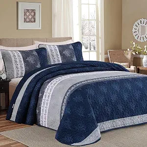 DJY Queen Quilt Set, Boho Striped Branch Pattern Bedspread Set, Navy Blue