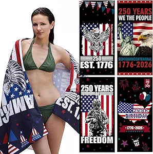 Haull 4pcs 250th Anniversary Microfiber Beach Towel 75'' x 35'' Soft Oversized America USA 1776-2026 250 Years Pool Bath Towels 4th of July Patriotic Absorbent Quick Dry Camping for Bathroom Gym Yoga