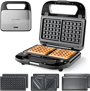 KEINVE 3-in-1 Sandwich Maker, Waffle Maker and Panini Press Grill, 800W Electric Breakfast Machine with 3 Detachable Non-Stick Plates, LED Indicator Lights, Cool Touch Handle with Latch, Black