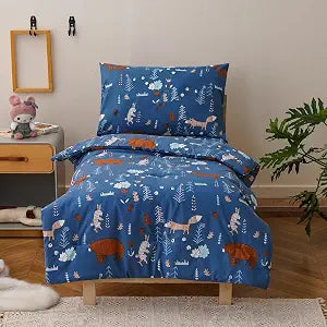 Luxlovery Toddler Comforter Set Cartoon Bear Printed Kids Children Blue Bedding Set Bed Set for Dorm Kid's Bedroom 4 Pieces (1 Comforter, 1 Flat Sheet, 1 Fitted Sheet, 1 Pillowcase)
