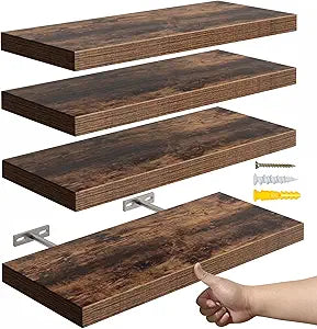 YUFLINX 16Rustic Brown Floating Shelves for Wall Set of 4,Rustic Wood Shelf for Room Decor/Storage/Display,Small Bookshelf,Wall Mounted Hanging Shelves for Bedroom, Bathroom, Living Room, Kitchen