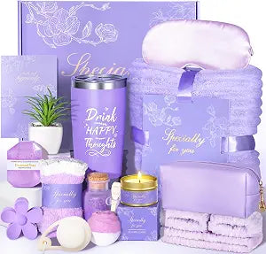 15Pcs Get Well Soon Gift Baskets for Women, Self Care Gifts, Sympathy & Encouragement Gift After Surgery with Flannel Blanket & 20oz Tumbler, Mothers Day Gifts for Mom Wife Friends (Purple)