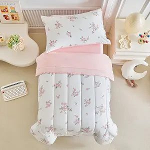 Joyreap 4 Piece Toddler Bedding Set- Floral Pink n White Design, Microfiber Toddler Bedding Comforter Set for Girls