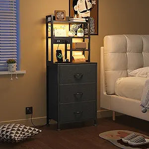 COTUBLR Night Stand, Tall Nightstand with Charging Station and LED Lights, Side Table with 4-Tier Shelves and 3 Fabric Drawers, 45.3" Tall Bedside End Tables for Bedroom, Hallway, Office, Black