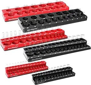 MaxWorks 6-Piece Magnetic Socket Organizer Set SAE & Metric 1/4" 3/8" 1/2" Drive Holders with Strong Magnetic Base for Toolbox & Garage Storage 51080