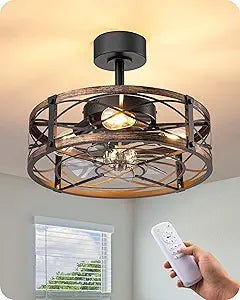 EDISHINE 20 Inch Fandelier Caged Ceiling Fans with Lights and Remote, 10%-100% Dimmable, Rustic Bladeless Ceiling Fan, Small Farmhouse Fan Lights Ceiling Fixtures for Kitchen, Bedroom-Brushed Gold
