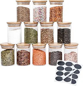 12 pcs Spice Jars | Glass Jar Bamboo Lids Food Storage Containers 7oz Glass Jar | Includes Pen and Decorative Labels | Dozen Spice Jars | Tea, Sugar, Salt, Herbs | Bonus Item