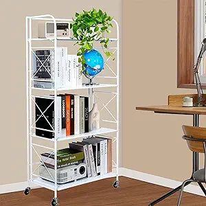 Foldable 4-Tier Metal Bookshelf with Wheels, Glossy White, 12.6" D x 23.6" W x 46.8" H, Folding Storage Rack for Living Room, Kitchen, Study
