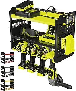 BUILTSTRONG Power Tool Organizer Wall Mount 3-Tier Heavy-Duty Steel Rack, 4 Drill Slots, Pegboard + Utility Side, 100 lb Capacity Garage, Workshop & Shed Storage (Green)
