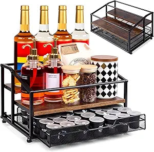 kimilus Coffee Syrup Rack Organizer, 3-Tier 8 Bottle Syrup Rack with 35 K Cup Drawer for Coffee Bar, Countertop Bottle Holder Stand for Dressing for Kitchen Cafe Station