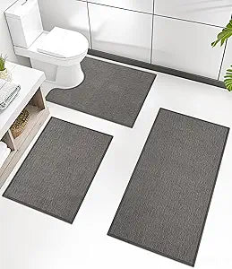 chakme 3 Piece Bathroom Rug Set, Ultra Thin Bath Mat, Absorbent & Quick Drying, Non Slip, Dark Grey, 17" x 24" / 17" x 30" / 17" x 59" Geometric Modern Bath Mat