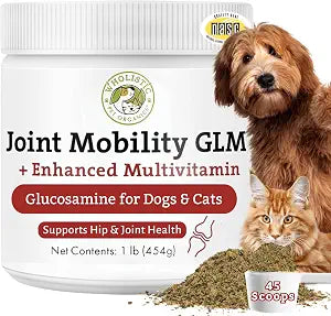 Wholistic Pet Organics - Hip and Joint Supplement for Dogs & Cats - Cat and Dog Joint Supplement - Green Lipped Mussels, Chondroitin, Glucosamine for Dogs & Cat Mobility Support - 1 Lb - 45 Scoops
