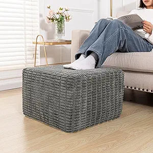 Asuprui Round Square Pouf Ottoman Foot Rest Lightweight Modern Footstool with Plush Foam Filling, Perfect for Living Room Decor & Cozy Comfort 20x20x14 Inch Chic Accent Piece (Gray)