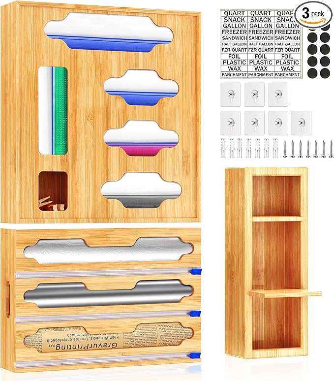Sandwich Bag & Organizer, Aluminum Foil & Plastic Wrap Cutter, Bamboo Drawer Storage for Gallon, Quart Bags & 12" Rolls (9 in 1)