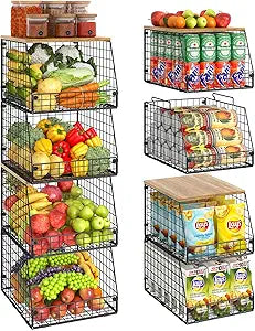 Jakyitvi 4 Pack Stackable Wire Baskets with Fixed Wooden Top, Vegetable Fruit Storage Bins for Onion Potato Snack, Pantry Baskets for Kitchen Cabinet Countertop, Pantry Organizers and Storage Rack