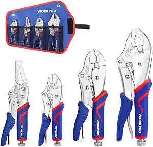 WORKPRO 4-Piece Locking Pliers Set with Comfortable Grip, 5-1/2", 7" and 9" Curved Jaw Locking Pliers, 6-1/2" Long Nose Locking with Storage Bag, Blue&red