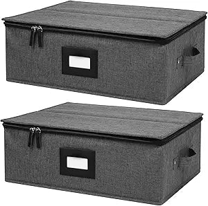 Mug Storage Box with Dividers 2 Pack , Hard Top Cup Storage Containers for Coffee Mug & Tea Cup, Stackable Coffee Mug Storage Box with Zipper Lid & Rivet Reinforced Handles (17"L x 13"W x 6" Black)