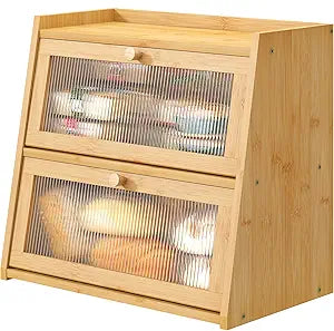 viewcare Bread Box for Kitchen Counter, Double Layer Large Bamboo Wood Bread Box, Bamboo Bread Storage Container with Wavy Acrylic Transparent Door