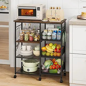 HapiRm Rolling Kitchen Carts with Storage - Microwave Table Stand with 6 Hooks & 3 Baskets, kitchen Island Cart on Lockable Wheels, 28.3" L 14.6" W Bakers Rack Cart for Dining Room Coffee Bar Office