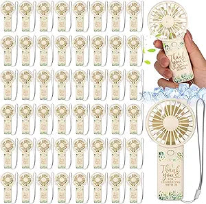 VIHOSE 50 Pcs Mini Wedding Handheld Fan for Guests Bulk Portable Electric Personal Fans with Thank You Print for Guest Summer Outdoor Bridal Shower, Battery Not Include(Greenery,Beige)