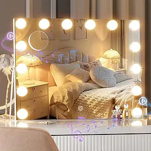 Hasipu Vanity Mirror with Lights and Bluetooth Speaker, 17.7" x 13.8" Hollywood Mirror, Makeup Mirror with 14 Dimmable Bulbs and 10X Magnification, 3 Colors Modes, 360 Rotation, White