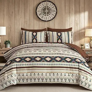 Queen Size Comforter Set Light Brown, 7 Pieces Boho Aztec Bed in a Bag