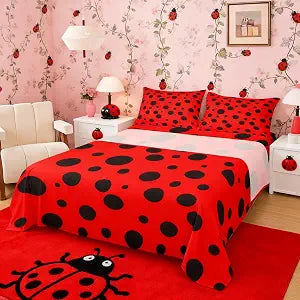 Castle Fairy Ladybug Bed Sheet Set Kids Red and Black Sheets Set 4pc Polka Dot Pattern Microfiber Soft Bedding Set,1 Flat Sheet,1 Deep Pocket Fitted Sheet,2 Pillow Cases���King Size���