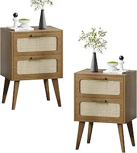 YAUKOMEL Rattan Nightstand Set of 2,Mid Century Modern Bedside with Drawers,End Table, Side Table with 2 Hand Made Rattan Decorated Drawers for Livingroom,Bedroom,Caramel Oak CTG59BR-2