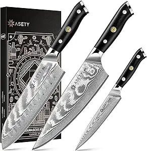 Damascus Knife Set 3 PCS: Japanese Kitchen Knives with VG10 Steel Core, Ultra-Sharp Professional Chef Knife Set, Full Tang G10 Handle, NSF Food-Safe, Elegant Box for Men Him Husband, Fathers day