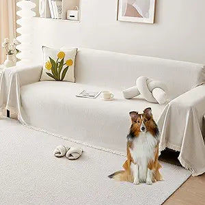 Chenille Couch Cover for 3 Cushion Sofa Pet Friendly Furniture Covers, Boho Sofa Covers Washable L Shape 3 Seater Couch Cover, 71"x 134", Beige