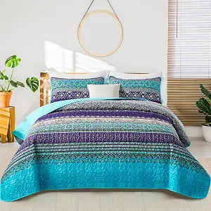 WONGS BEDDING Boho King Quilt Bedding Set, 3 Pieces Soft Bedspread,Blue